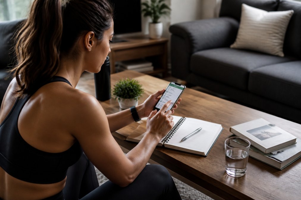 A motivated person reviewing their habit tracker on a mobile device in a comfortable home environment, showing progress and consistency