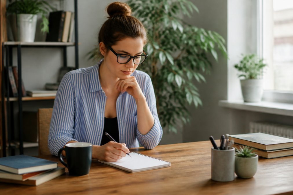 A busy professional at a desk with a laptop, notebook, and coffee, appearing focused and ready to commit to a new habit program