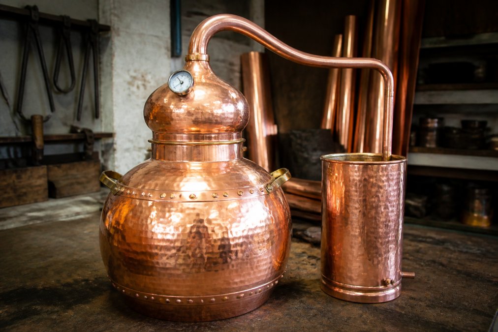 Close-up of hand made copper stills with riveted seams and a polished condenser arm on a workshop bench