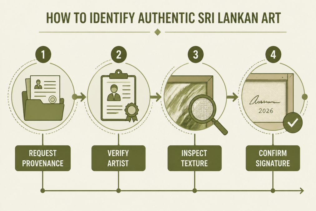 Four-step infographic detailing the process for verifying authentic art provenance, credentials, and physical quality.