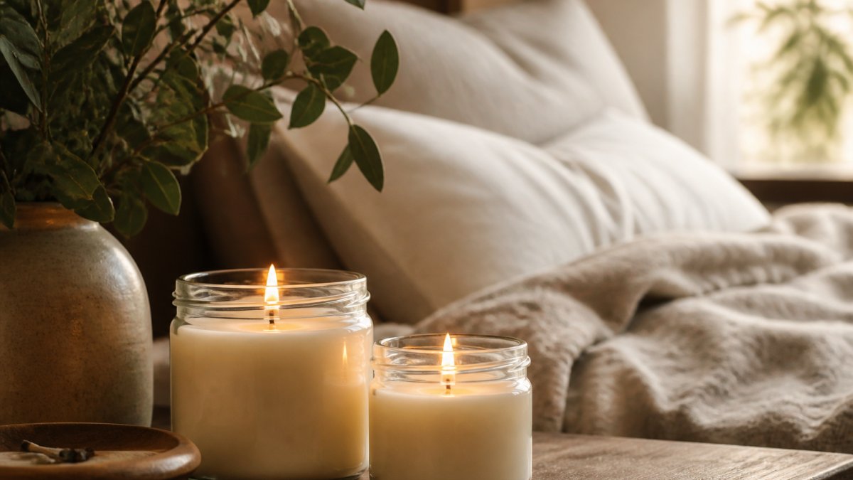 Close-up of burning luxury soy candles in glass jars with cotton wicks, displaying warm amber glow and clean flame in a cozy bedroom setting with soft natural light