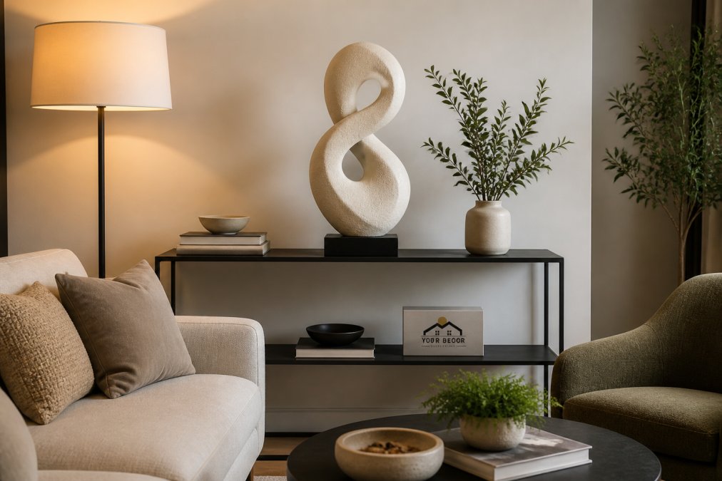 A modern living room with a handcrafted abstract sculpture displayed prominently on a console table, surrounded by neutral-toned furniture, soft warm lighting from a floor lamp, and a few carefully placed books and plants that frame the sculpture as the focal point