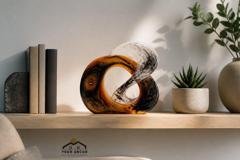 A minimalist shelf arrangement featuring an abstract resin accent piece in the center, flanked by carefully selected books and a potted succulent, with significant empty space creating visual breathing room in a contemporary home setting with soft natural light