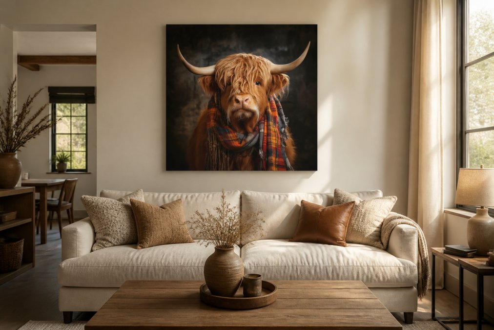 Modern living room with a handcrafted canvas art piece displaying whimsical Highland cow artwork mounted above a neutral sofa, warm natural light streaming through windows highlighting the canvas texture and vibrant colors against pale walls