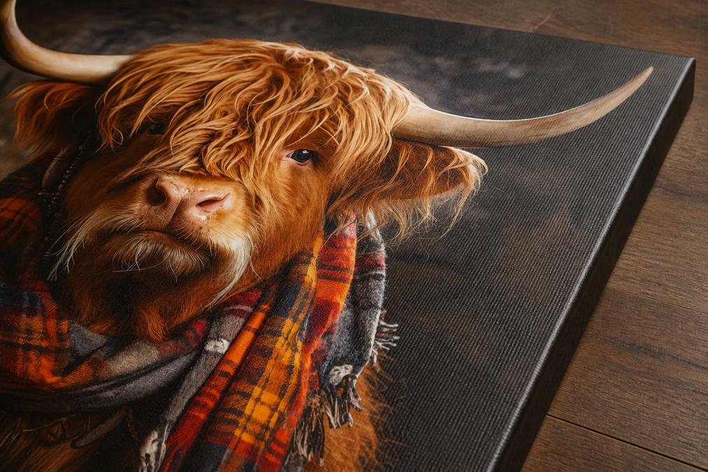 Close-up detail of a premium handcrafted canvas print featuring whimsical Highland cow artwork, showing the rich texture of stretched canvas, vibrant pigment colors, and quality wooden frame construction with warm studio lighting highlighting the fine printing detail
