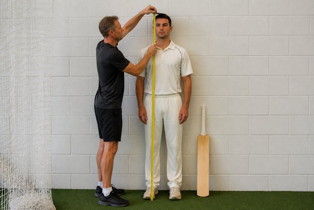 Cricketer measuring their height beside a handcrafted cricket bat in a brightly lit indoor training facility