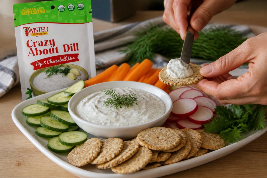 Close-up of hands spreading creamy handcrafted dip onto fresh vegetable slices and whole grain crackers arranged on a white ceramic platter, with fresh herbs like dill and parsley visible as garnish in natural afternoon lighting