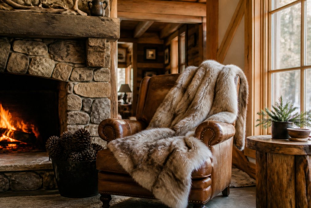 Handcrafted fur blankets draped over a leather armchair beside a cozy stone fireplace in a rustic living room.