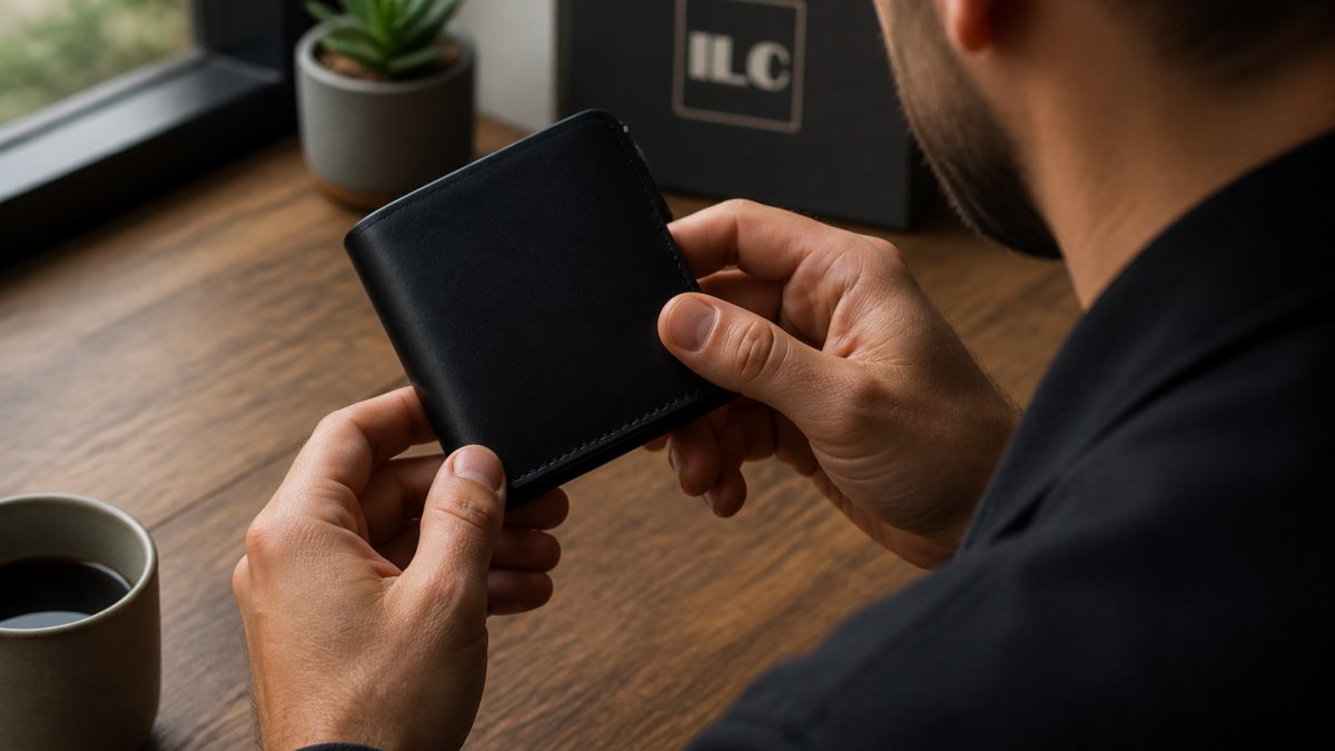 Close-up of a man's hands holding a slim black leather bifold wallet, inspecting the stitching along the edge in natural window light, with a wooden desk and coffee cup softly blurred in the background