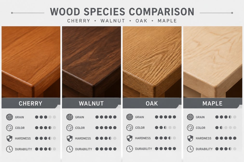 Close-up of four solid wood furniture surface samples arranged side by side, cherry, walnut, oak, and maple, each showing distinct grain patterns and natural color tones under warm studio lighting