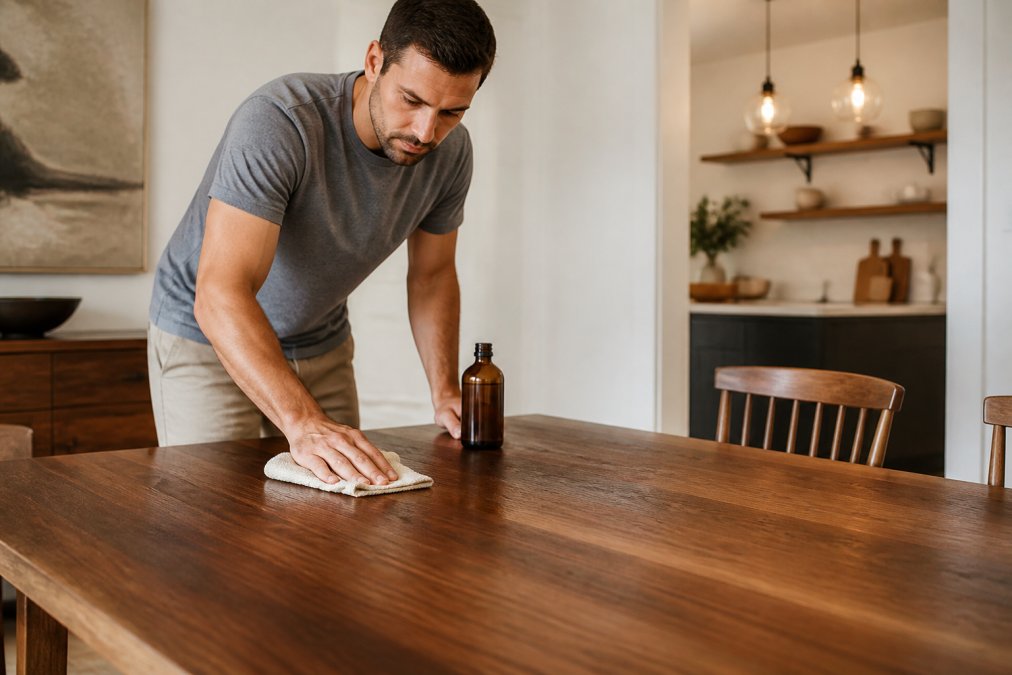 Person applying natural wood conditioner to a large handcrafted solid walnut dining table with a soft cloth, warm interior light, minimalist home setting with white walls and pendant lighting in the background