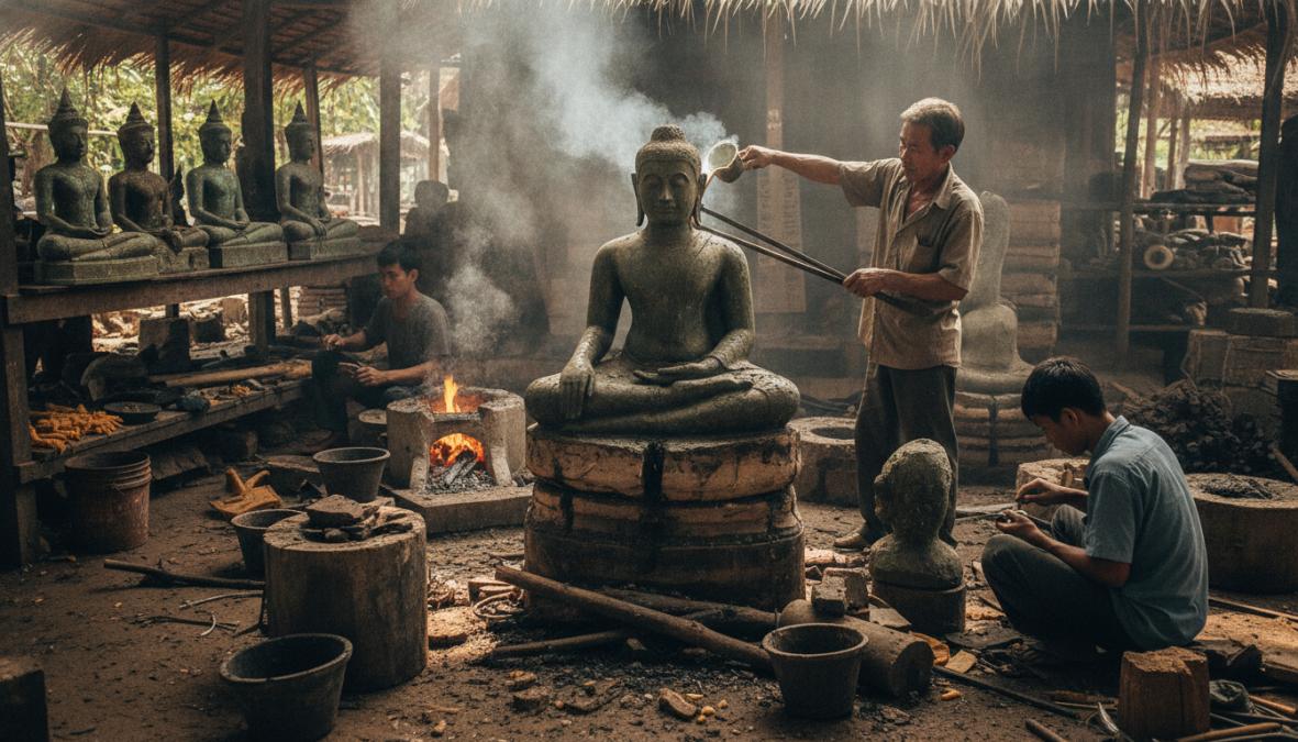 Close-up of artisan's hands working with wax sculpture and ceramic mold in traditional Southeast Asian foundry workshop, bronze furnace glowing in background