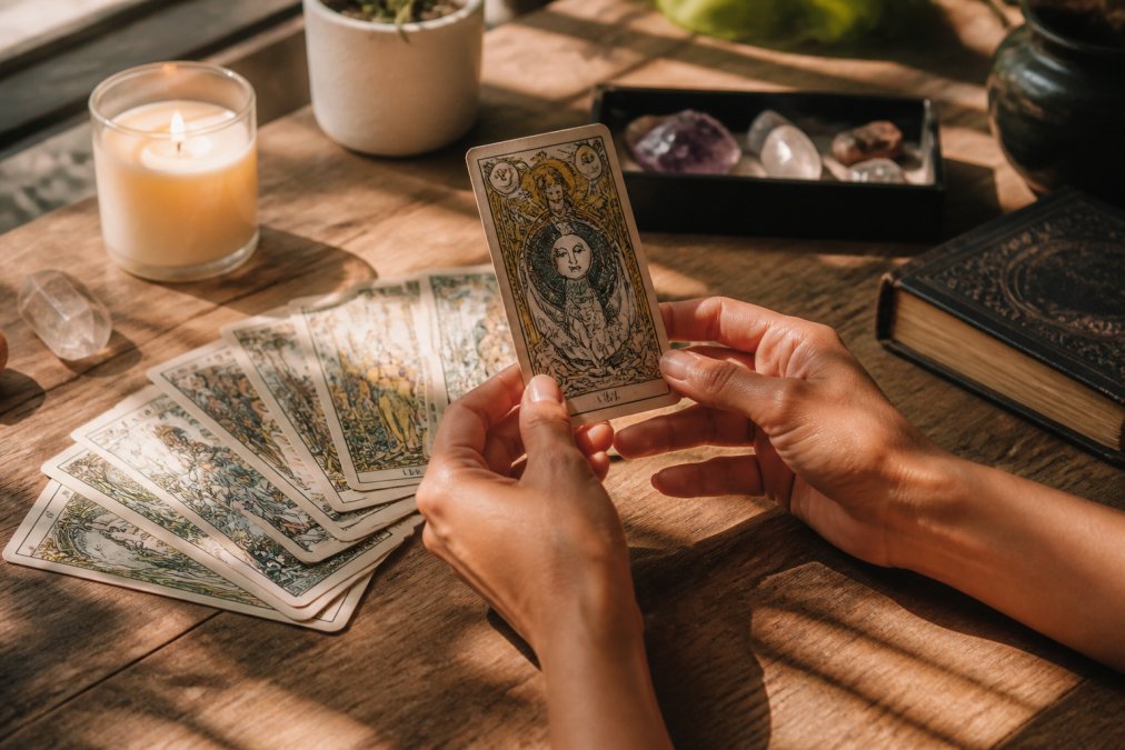 A person's hands gently holding an illustrated tarot card, with several more cards fanned out on a wooden table beside a lit candle and a small crystal