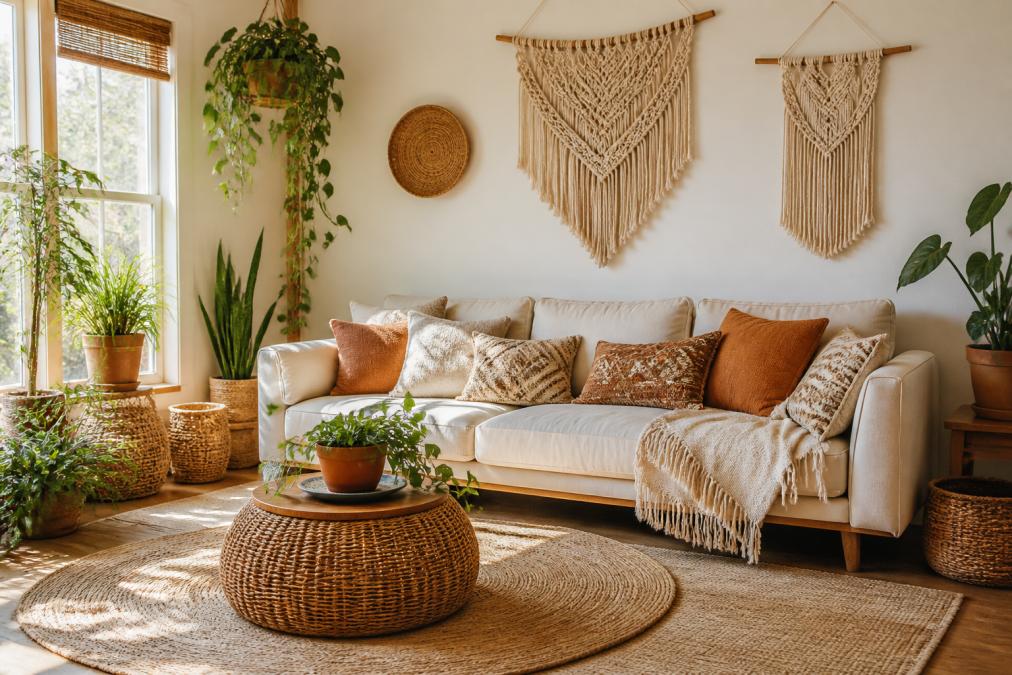 A warm, sunlit living room styled with layered jute and woven rugs, macramé wall hangings, rattan baskets, and an assortment of earthy-toned throw pillows on a linen sofa, with trailing indoor plants in terracotta pots