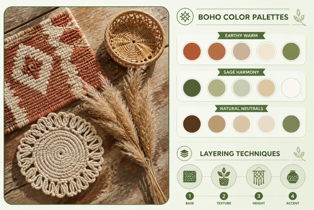 Close-up flat lay of handmade boho decor items arranged on a worn wooden surface: a hand-woven textile swatch in terracotta and cream, a small rattan basket, dried pampas grass, and a macramé coaster, showing earthy tone palette combinations in warm afternoon light