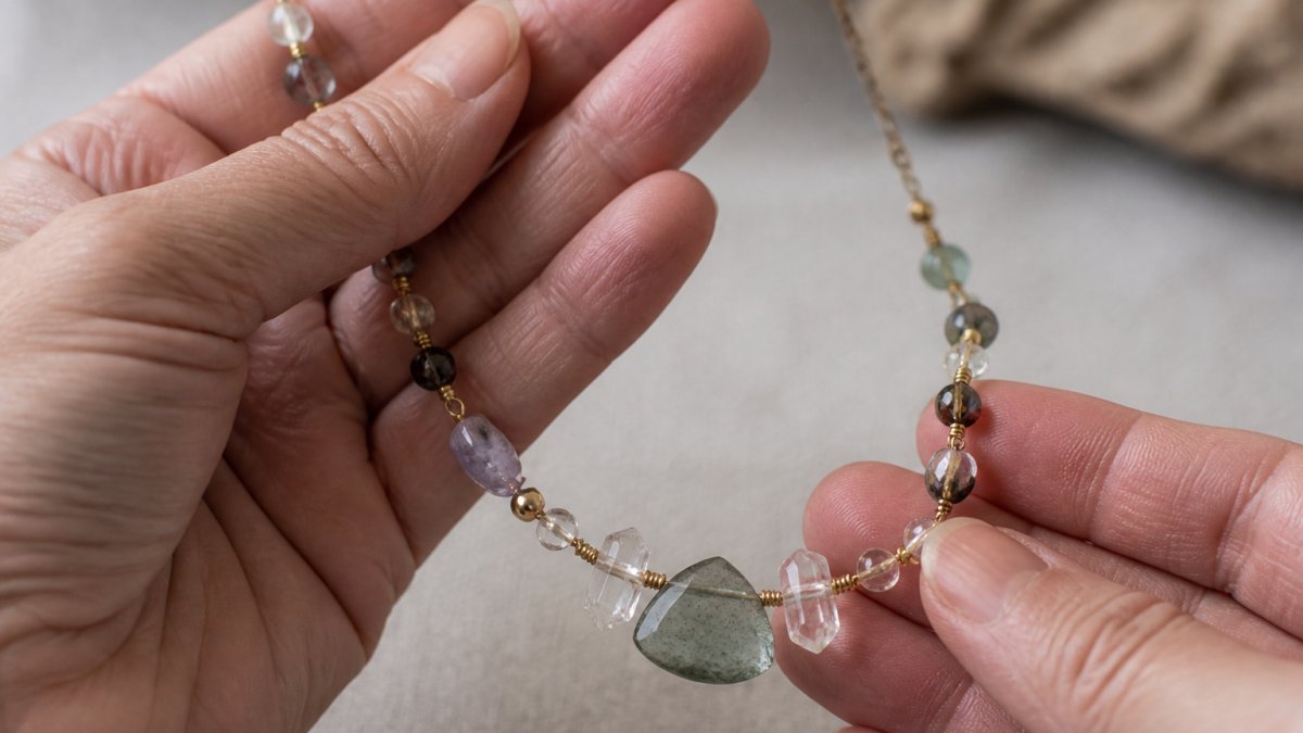 Close-up of hands holding a handmade crystal necklace with natural stones, showing detailed beading and artisan craftsmanship against a neutral background
