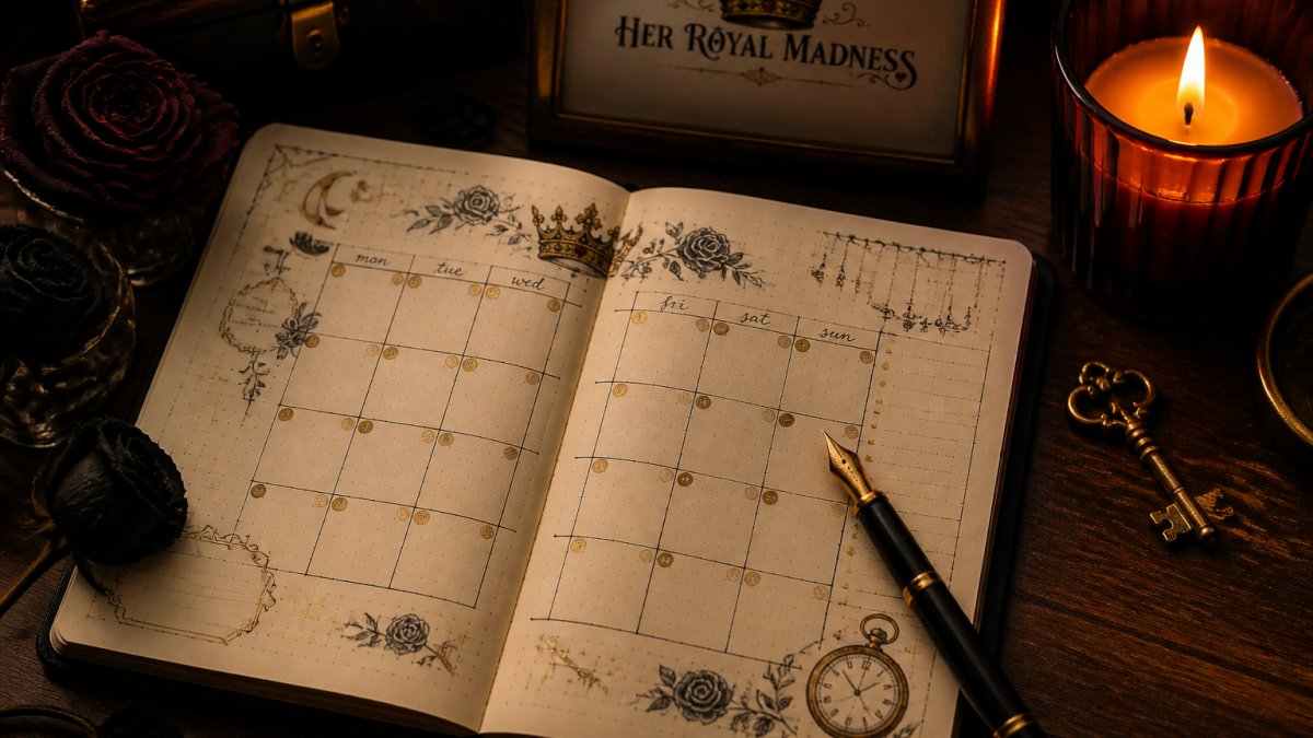 Step-by-step guide to creating a monthly bullet journal spread with gold ink, dried roses, and candlelight.