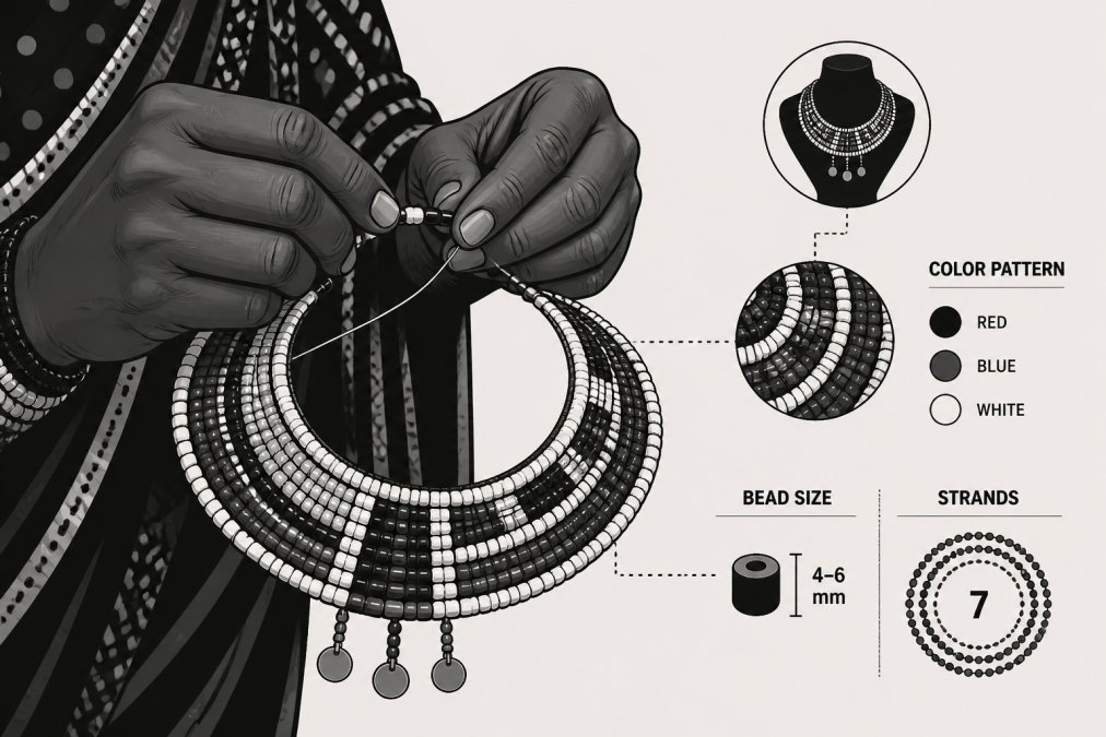 Close-up of skilled artisan hands carefully threading colorful beads onto a traditional Maasai necklace, showing intricate beadwork with red, blue, and white patterns in natural daylight