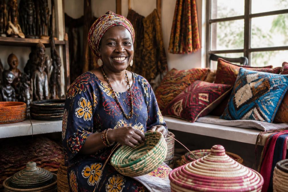 Portrait of a smiling East African female artisan in her workspace surrounded by colorful handwoven baskets, wooden carvings, and vibrant textiles, natural daylight streaming through windows