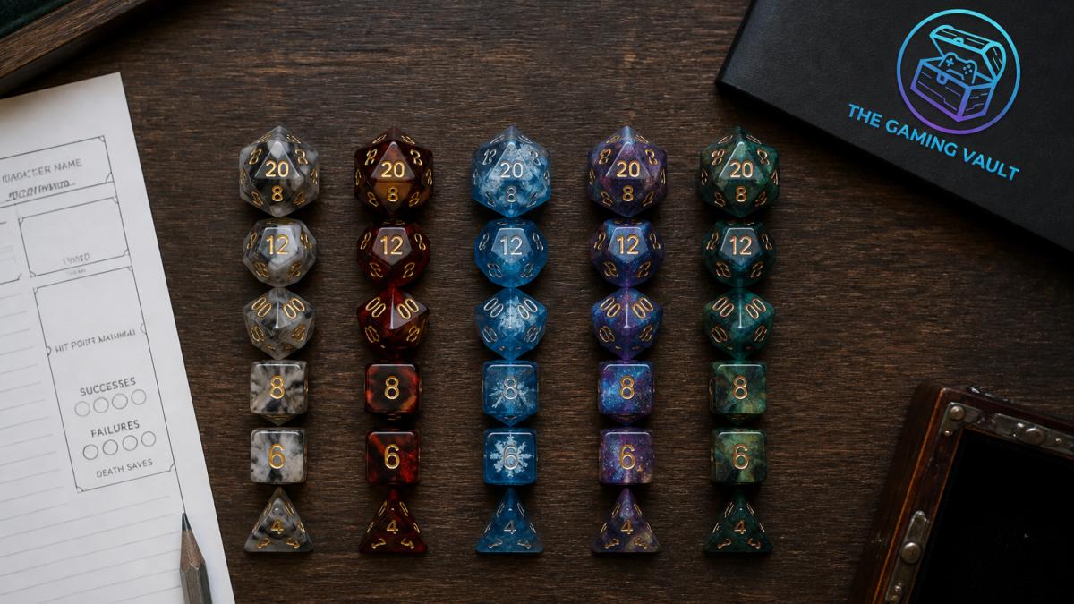 Overhead shot of five handmade resin dice sets arranged in a row on a dark wooden table, showing swirling smoke, blood-red, blue snowflake, and cosmic color patterns, with a character sheet and pencil at the edge of the frame