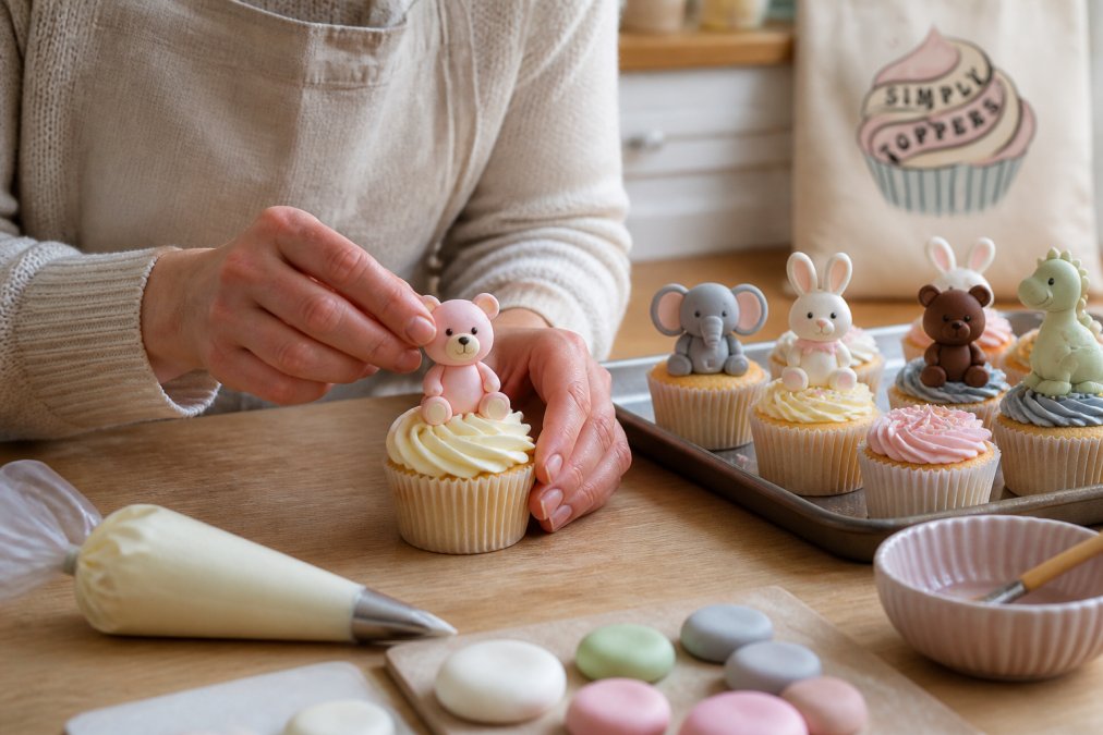 Close-up of a home baker's hands gently placing a small pastel-coloured sugar paste teddy topper onto a frosted cupcake, with a tray of decorated cupcakes and a piping bag visible on a wooden kitchen worktop