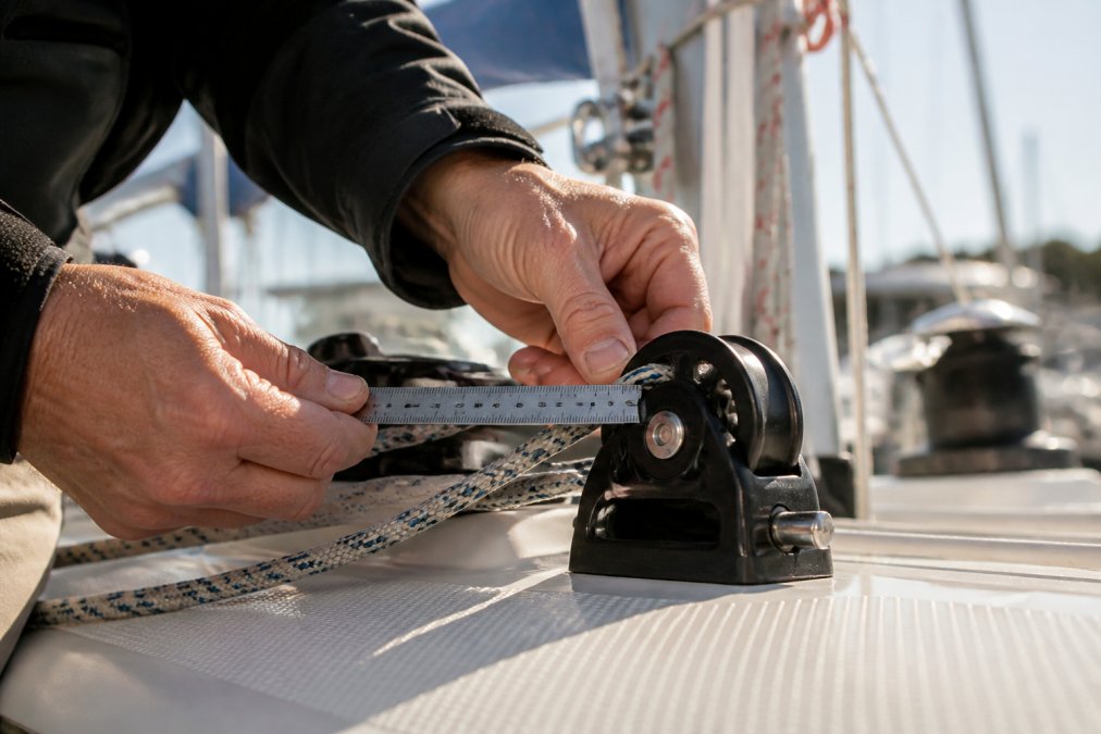 Close-up of a sailor's hands measuring line diameter with a ruler against a Harken block mounted on the deck, with rigging and mast visible in bright sunlight