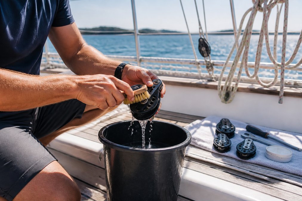 Sailor cleaning a Harken block with fresh water and a soft-bristled brush on a sunny boat deck, with rigging and water visible in background