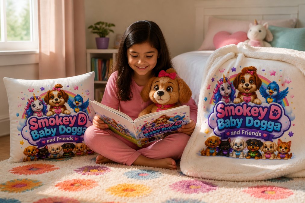 A child sitting cross-legged on a colorful area rug, holding an open storybook with a soft plush toy nestled beside them, surrounded by Smokey D Baby Dogga merchandise including a decorative pillow and sherpa blanket in a warm, cozy reading nook with natural window lighting