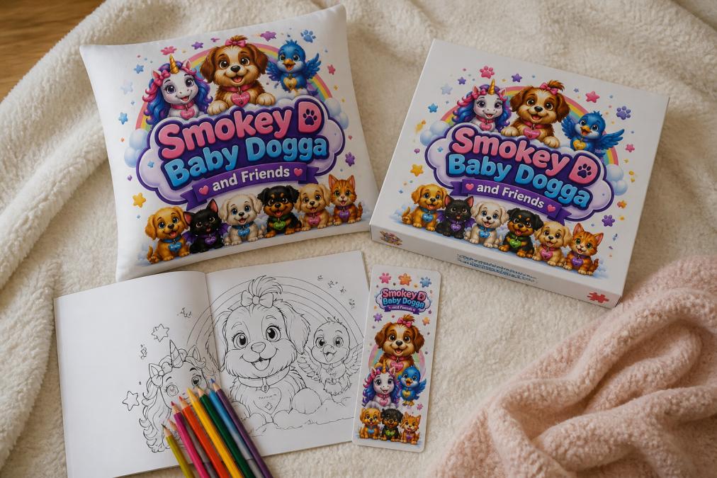 A flat-lay arrangement on a soft sherpa blanket showcasing Smokey D Baby Dogga products: an open coloring book with colored pencils, a colorful bookmark, a jigsaw puzzle box, and a decorative pillow arranged artfully to display the full product range with warm natural lighting