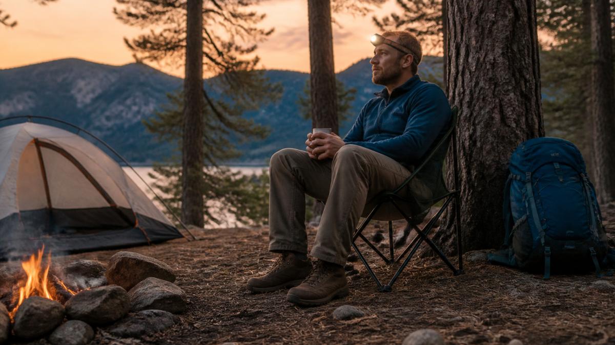 A solo camper sitting in a compact folding camp chair beside a small tent at dusk, headlamp on, backpack propped against a tree