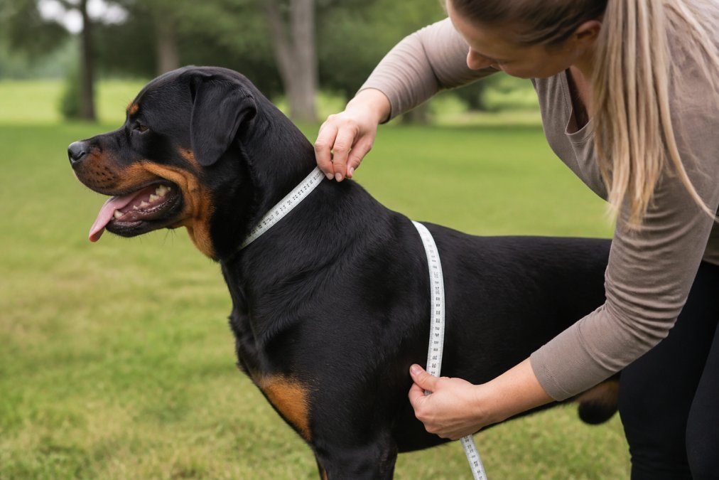 Large dog standing still while owner measures chest and neck with soft measuring tape, showing proper measurement technique
