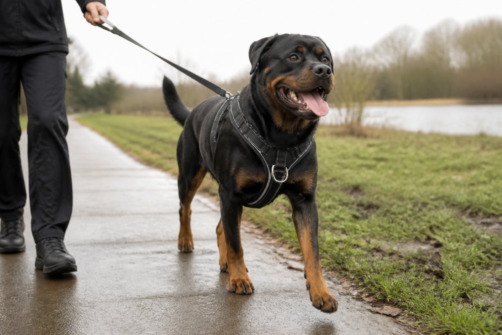 Large breed dog wearing a reflective no-pull harness on a walk, showing the harness in use with visible front clip and padded design