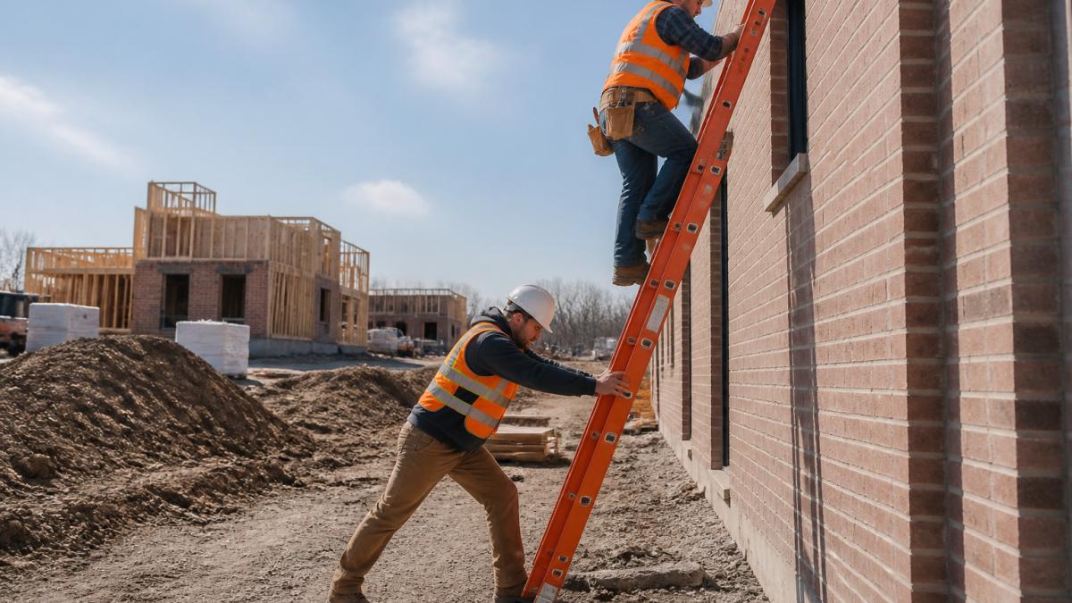A professional contractor in a hard hat and safety vest setting up a heavy-duty fiberglass extension ladder against a building on a construction site, with a second worker steadying the base on uneven ground
