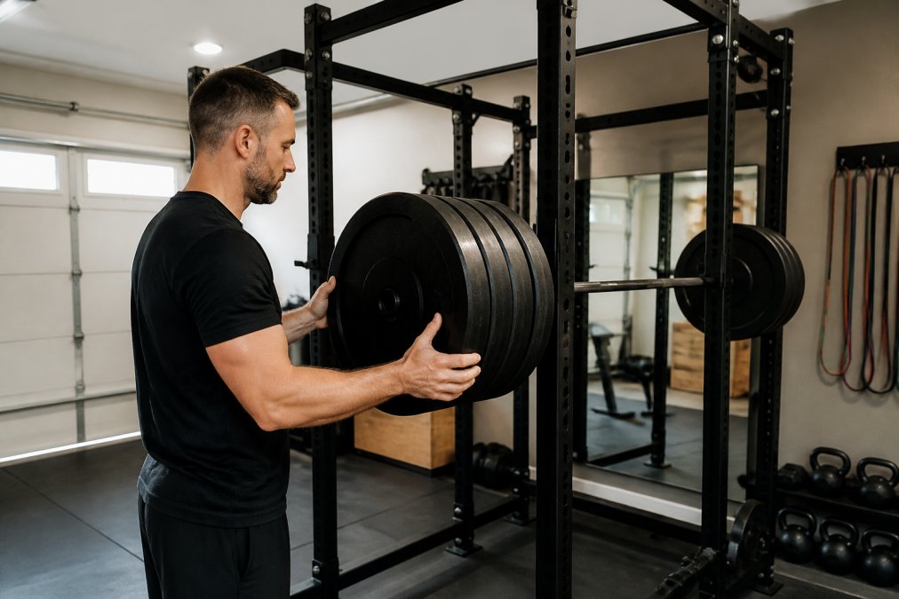 A person loading heavy weight plates onto a sturdy power rack in a home garage gym, with rubber flooring and bright overhead lighting