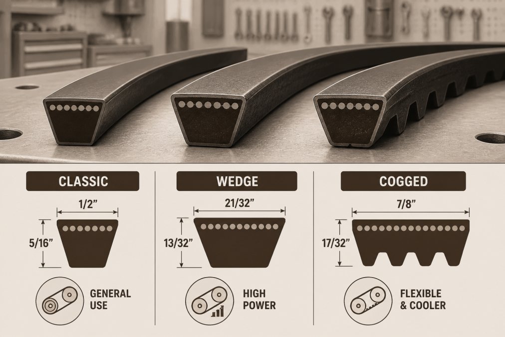 Close-up of multiple industrial V-belts laid side by side on a workshop bench, showing different cross-sections including classic, wedge, and cogged profiles, under bright workshop fluorescent lighting