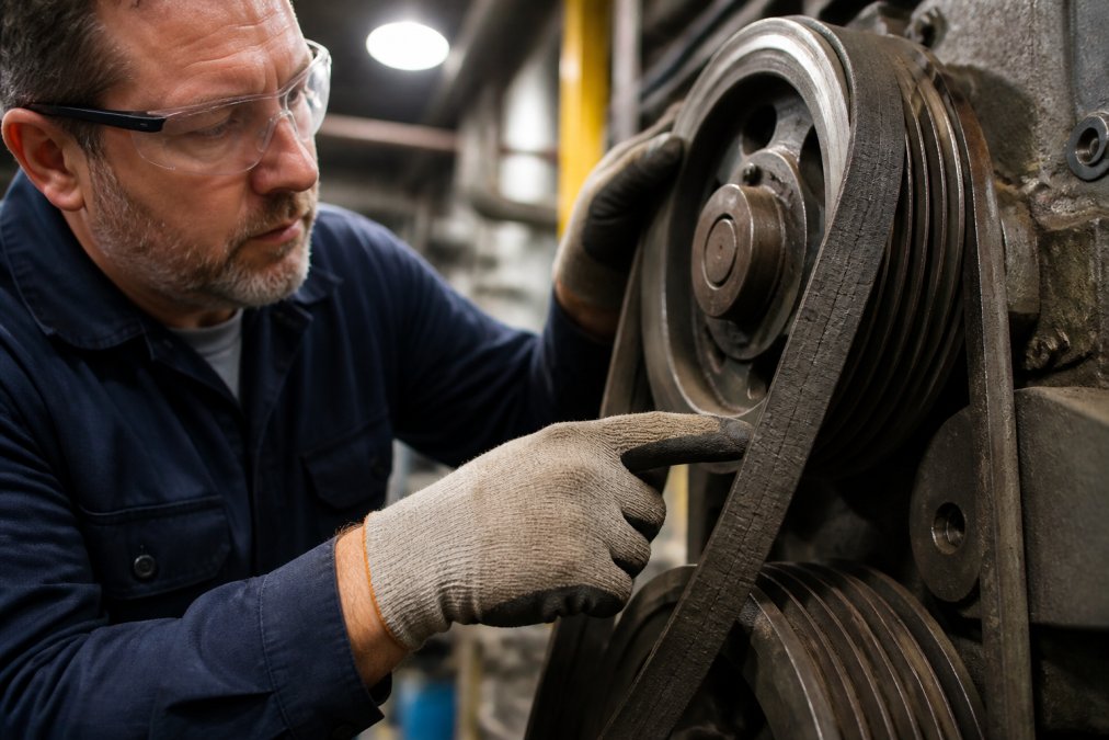 A maintenance technician in a factory setting, wearing safety glasses and work gloves, inspecting a worn industrial V-belt on a machine drive system and pointing to visible cracking along the belt surface under overhead industrial lighting