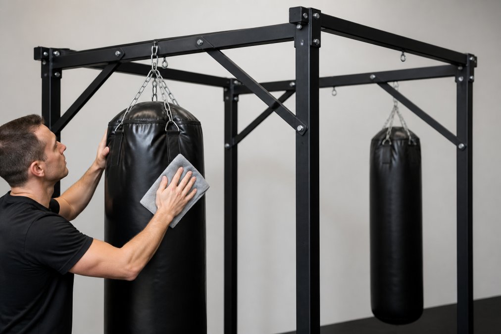 Close-up of hands cleaning and inspecting a heavy bag with microfiber material, showing maintenance care routine