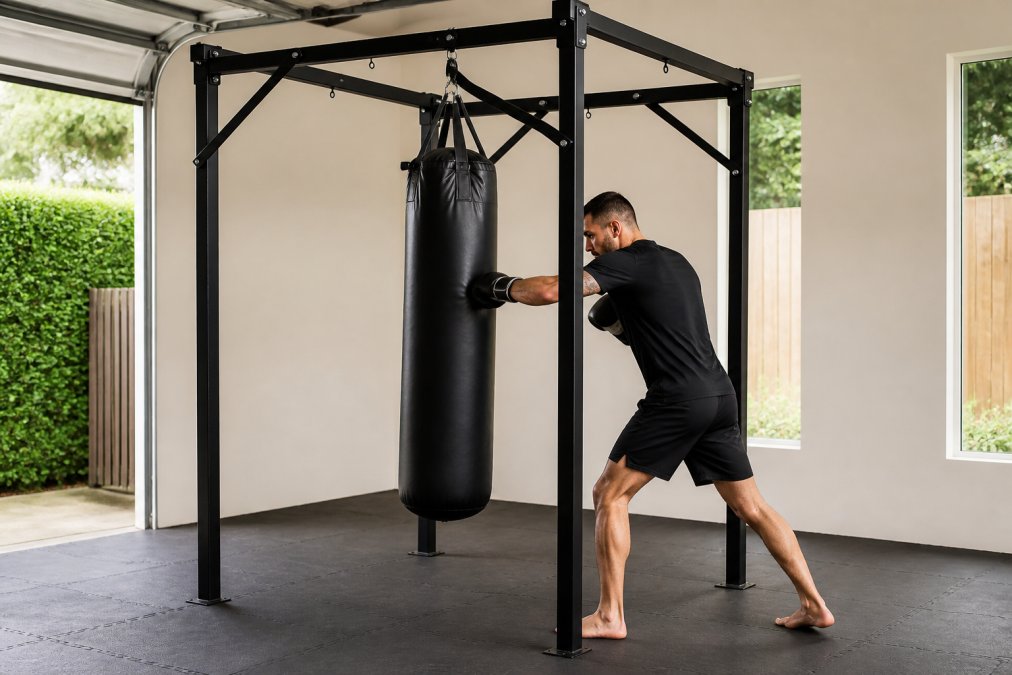 Professional demonstrating heavy bag striking technique with proper form on a mounted heavy bag in a home gym with natural lighting