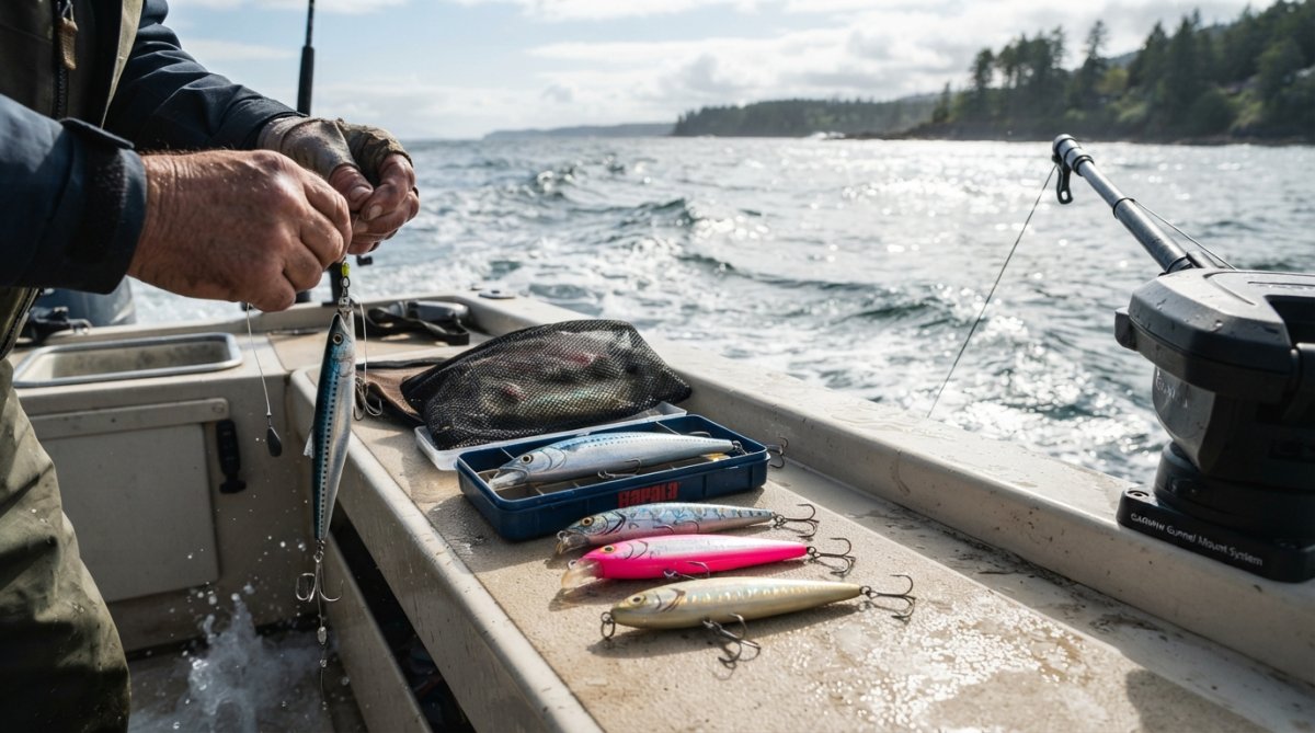 Close-up of Rapala X-Rap Magnum lures in multiple color patterns displayed on weathered wooden dock with water reflections visible