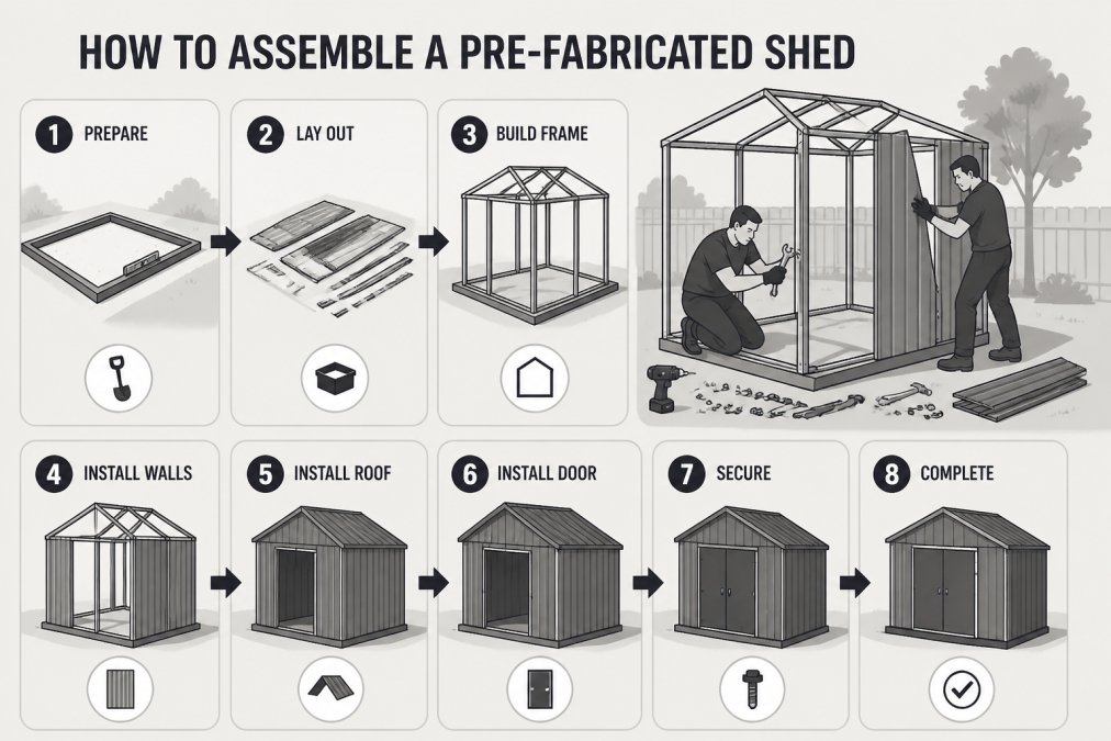 Two homeowners assembling a metal storage shed frame outdoors in afternoon sunlight, with foundation prepared, tools and bolts spread on the ground, one person using a wrench while the other positions a panel, showing the hands-on assembly process