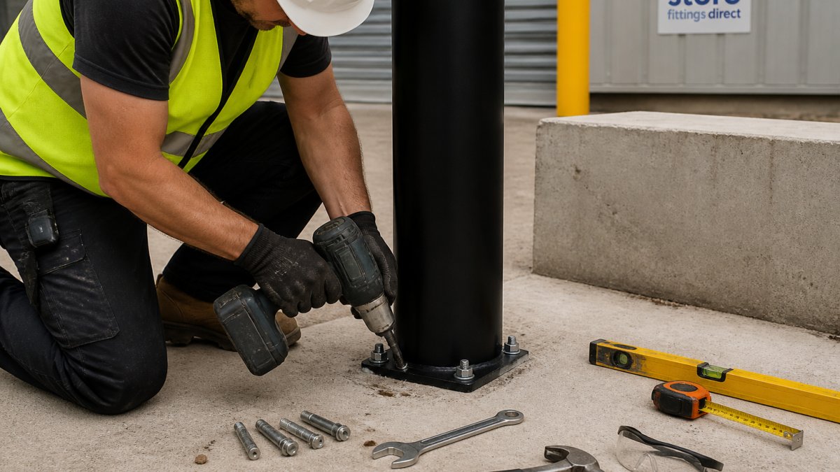 Professional tradesperson securing a heavy duty steel bollard into concrete foundation using power drill and anchor bolts, with installation tools and safety equipment visible on the work surface