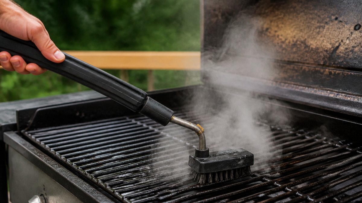 Close-up of a steam grill brush actively cleaning hot grill grates, water valve open with steam rising visibly from the scrubbing surface in bright outdoor lighting