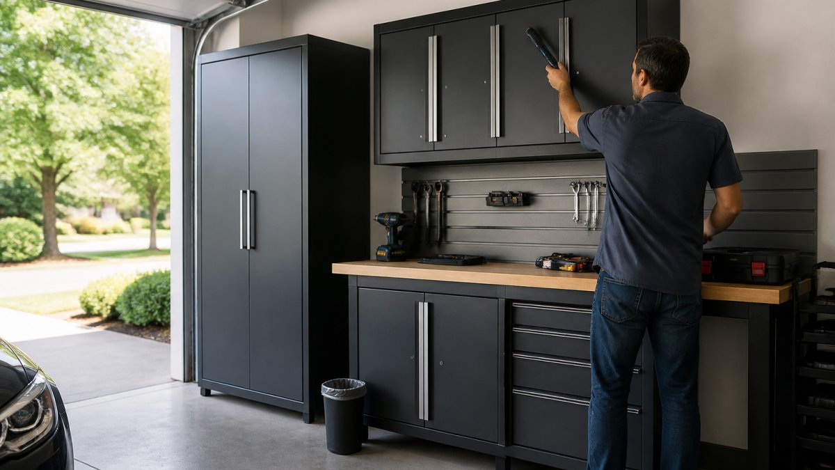 Mechanic reaching for a tool in a bright garage with charcoal grey steel cabinets and a workbench.