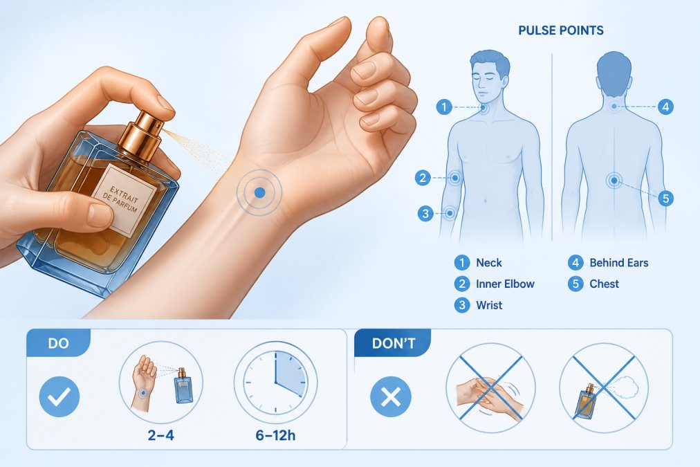 Close-up of hands applying luxury extrait de parfum to inner wrist pulse point with soft natural lighting, showing proper technique and the amber-colored fragrance liquid