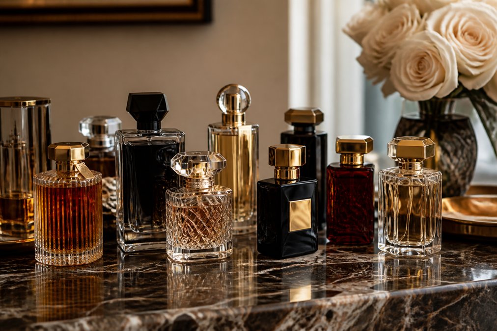 Curated collection of luxury extrait de parfum bottles in various colors and designs arranged on polished marble surface with warm, diffused natural lighting showcasing the artisanal presentation