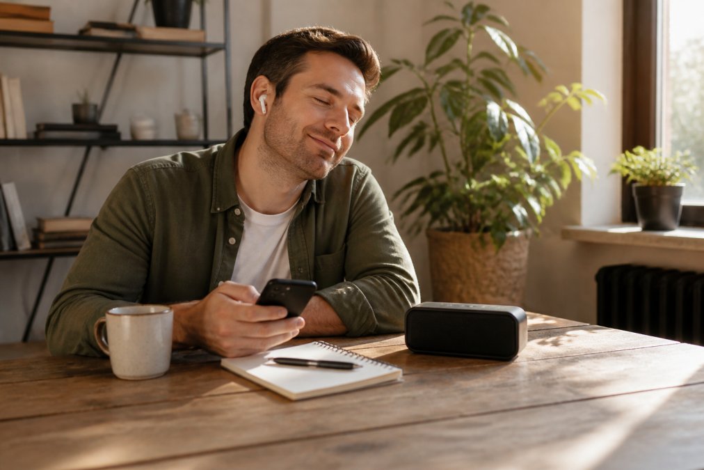 A person sitting at a wooden desk in a sunlit room, holding a smartphone while a small portable Bluetooth speaker plays beside a notebook and coffee cup, with eyes closed and head tilted toward the speaker