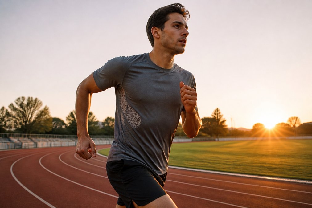 Runner wearing high performance athletic apparel with mesh panels mid-stride on a track at sunrise