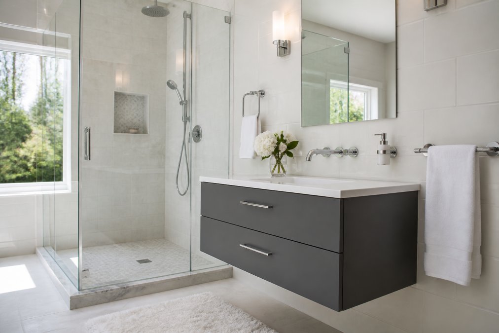 Modern luxury bathroom featuring polished chrome and brushed nickel fixtures, including frameless shower door, wall-mounted vanity faucet, and coordinated hardware set in contemporary white and gray tile design with natural lighting