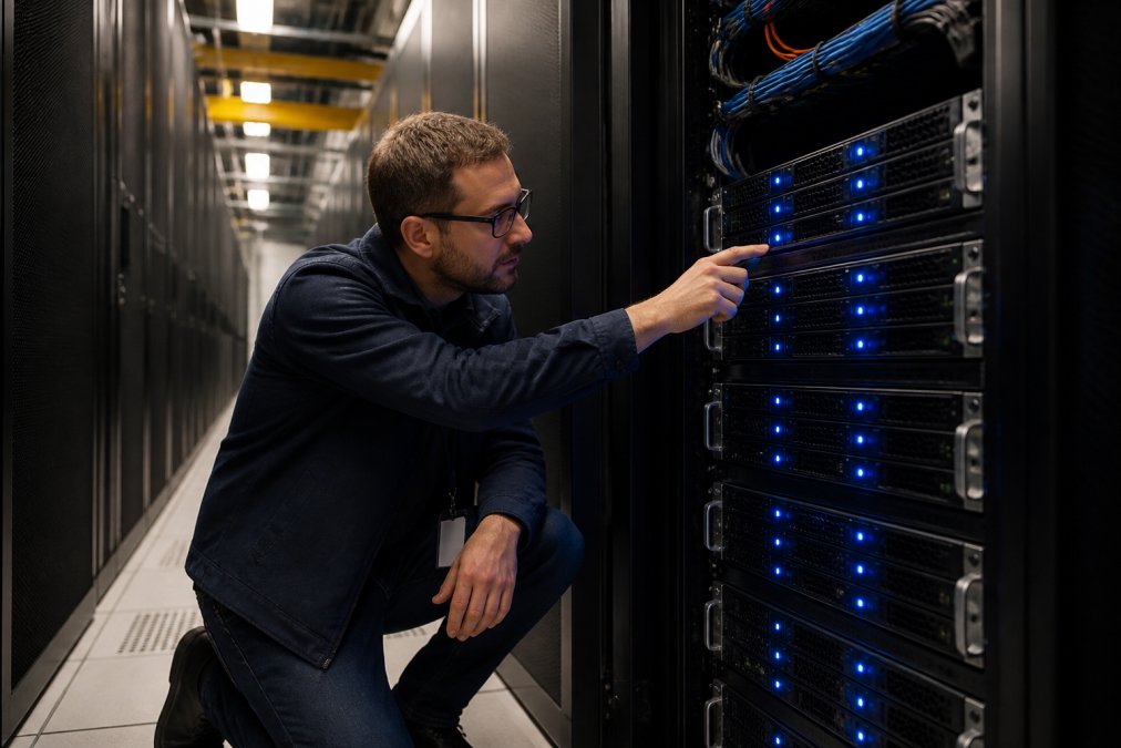 Technician monitoring high performance dedicated server hardware in a data center aisle