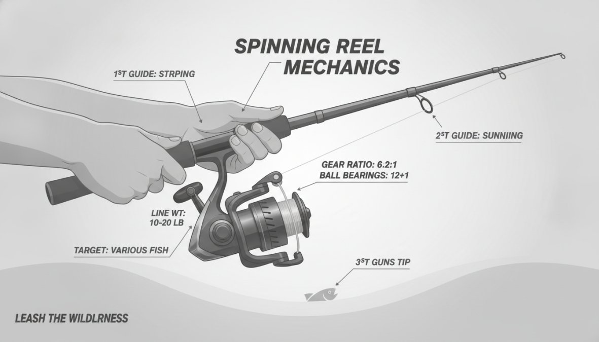 Visual roadmap for Close-up of an angler holding a high-performance spinning rod and reel over water, showing the ro...